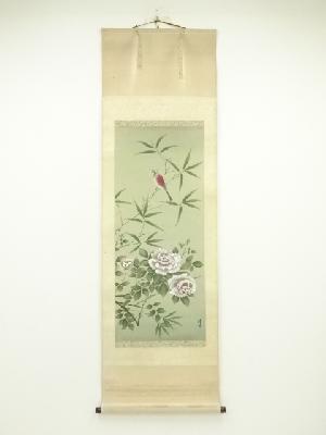 隆生筆　花鳥図　肉筆絹本掛軸